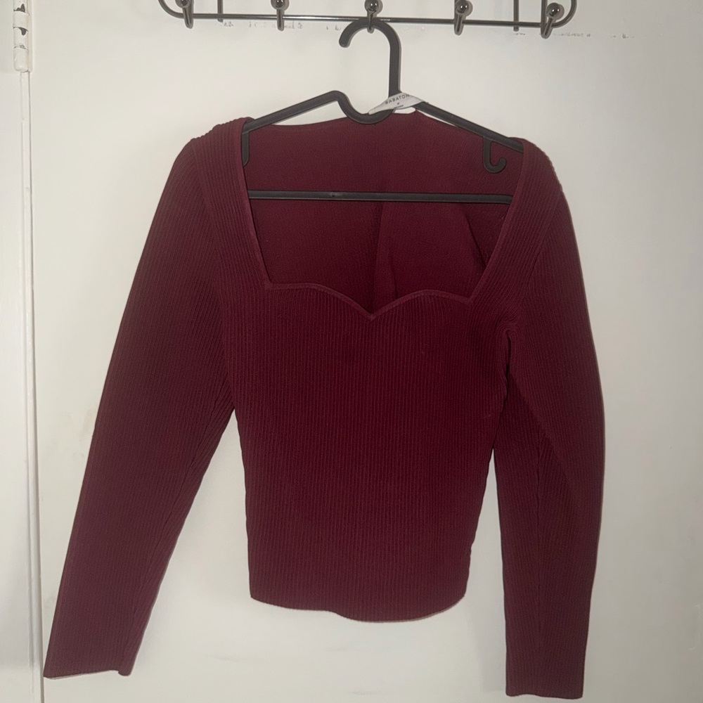 Babaton Burgundy Ribbed Long-Sleeve Sweetheart Top
